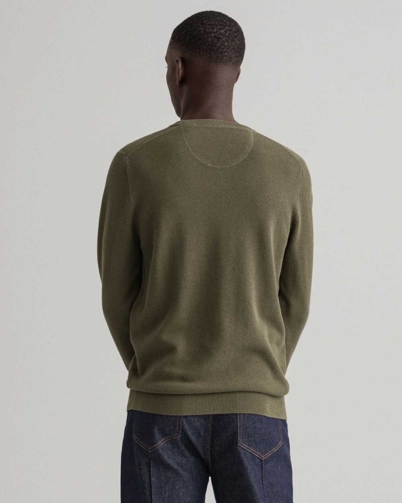 Gant Cotton Piqué Crew Neck Men's Sweater Racing Green | JEGAR-7895