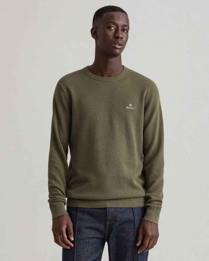 Gant Cotton Piqué Crew Neck Men's Sweater Racing Green | JEGAR-7895