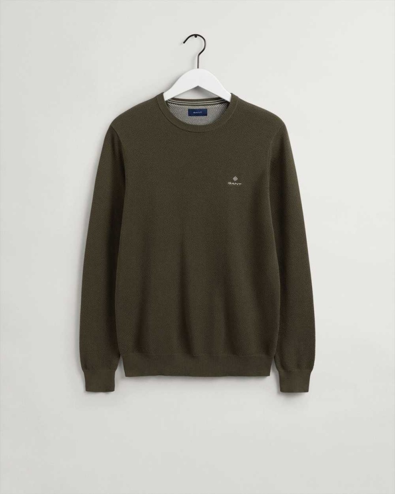 Gant Cotton Piqué Crew Neck Men's Sweater Racing Green | JEGAR-7895