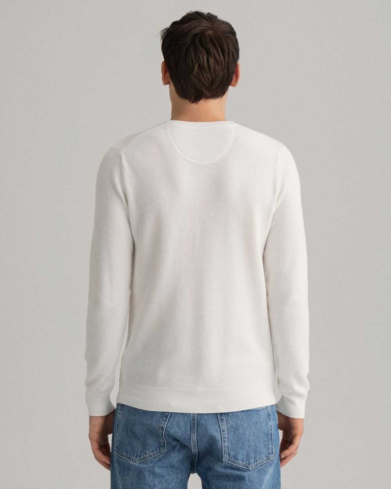 Gant Cotton Piqué Crew Neck Men's Sweater Beige White | QVZKD-0623