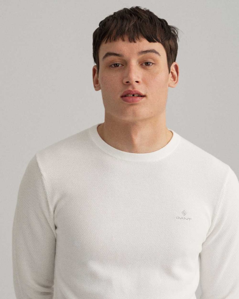 Gant Cotton Piqué Crew Neck Men's Sweater Beige White | QVZKD-0623