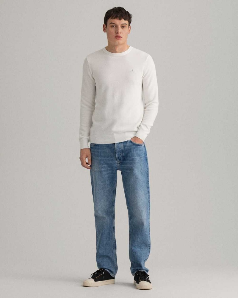 Gant Cotton Piqué Crew Neck Men's Sweater Beige White | QVZKD-0623