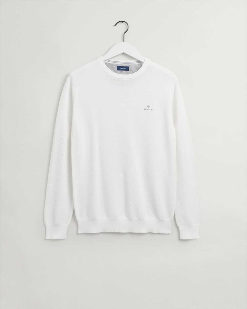 Gant Cotton Piqué Crew Neck Men's Sweater Beige White | QVZKD-0623