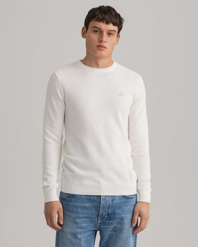 Gant Cotton Piqué Crew Neck Men\'s Sweater Beige White | QVZKD-0623