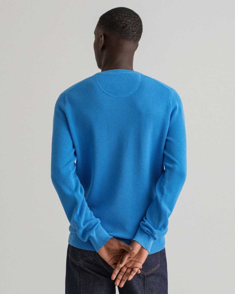 Gant Cotton Piqué Crew Neck Men's Sweater Day Blue | PNMUG-4326