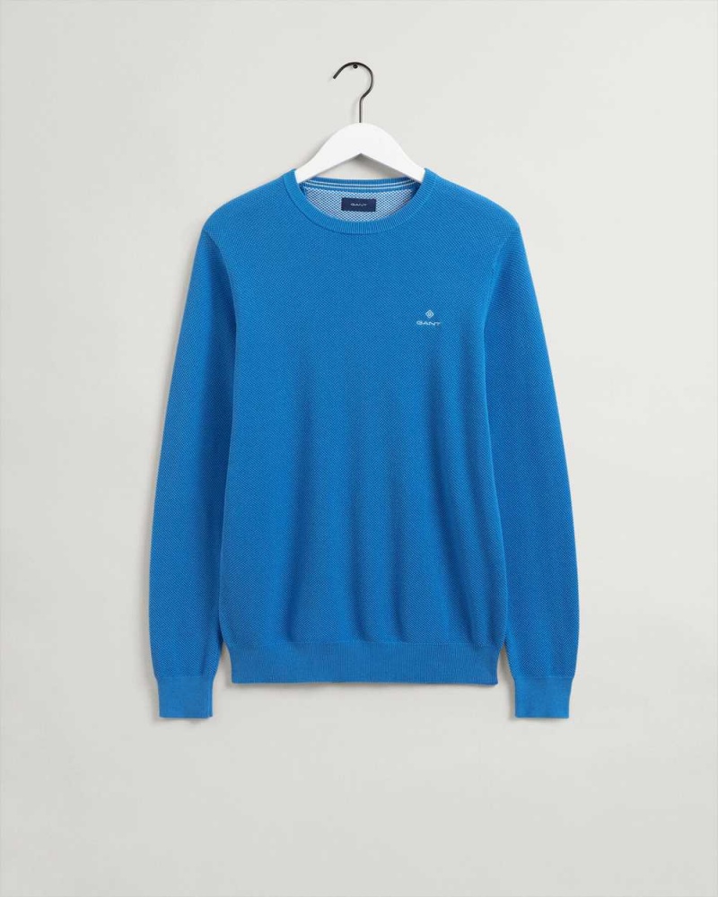 Gant Cotton Piqué Crew Neck Men's Sweater Day Blue | PNMUG-4326