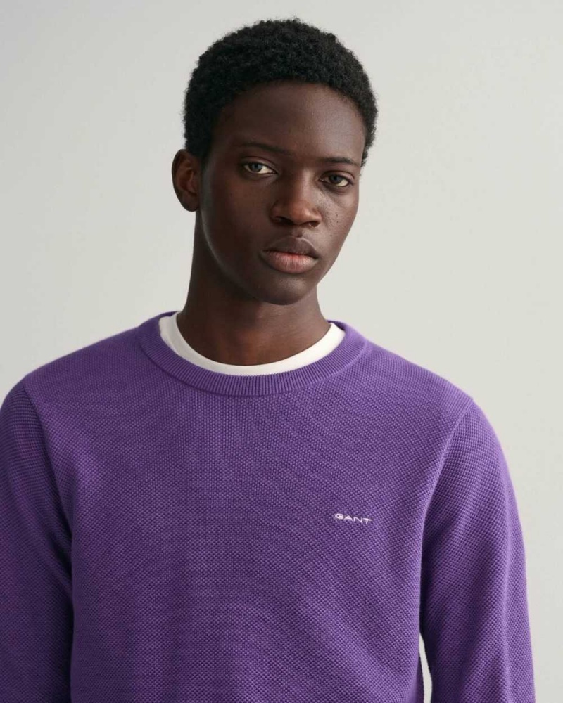 Gant Cotton Piqué Crew Neck Men's Sweater Lilac | QMIHC-5719