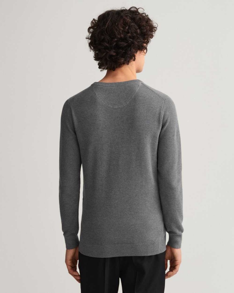 Gant Cotton Piqué Crew Neck Men's Sweater Dark Grey Melange | SKRBH-9183