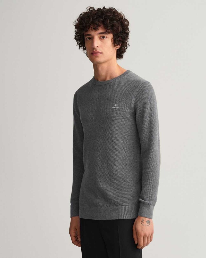 Gant Cotton Piqué Crew Neck Men's Sweater Dark Grey Melange | SKRBH-9183