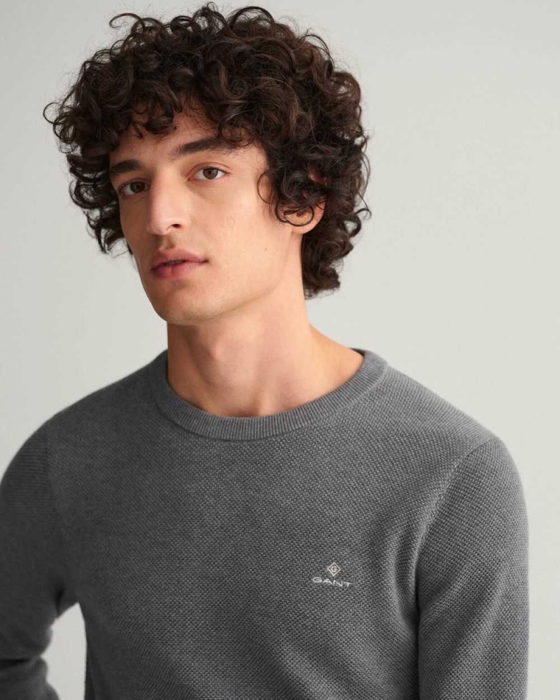 Gant Cotton Piqué Crew Neck Men's Sweater Dark Grey Melange | SKRBH-9183