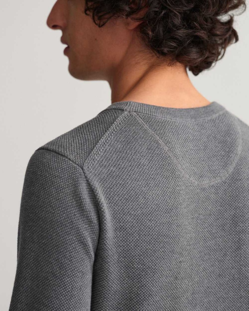 Gant Cotton Piqué Crew Neck Men's Sweater Dark Grey Melange | SKRBH-9183