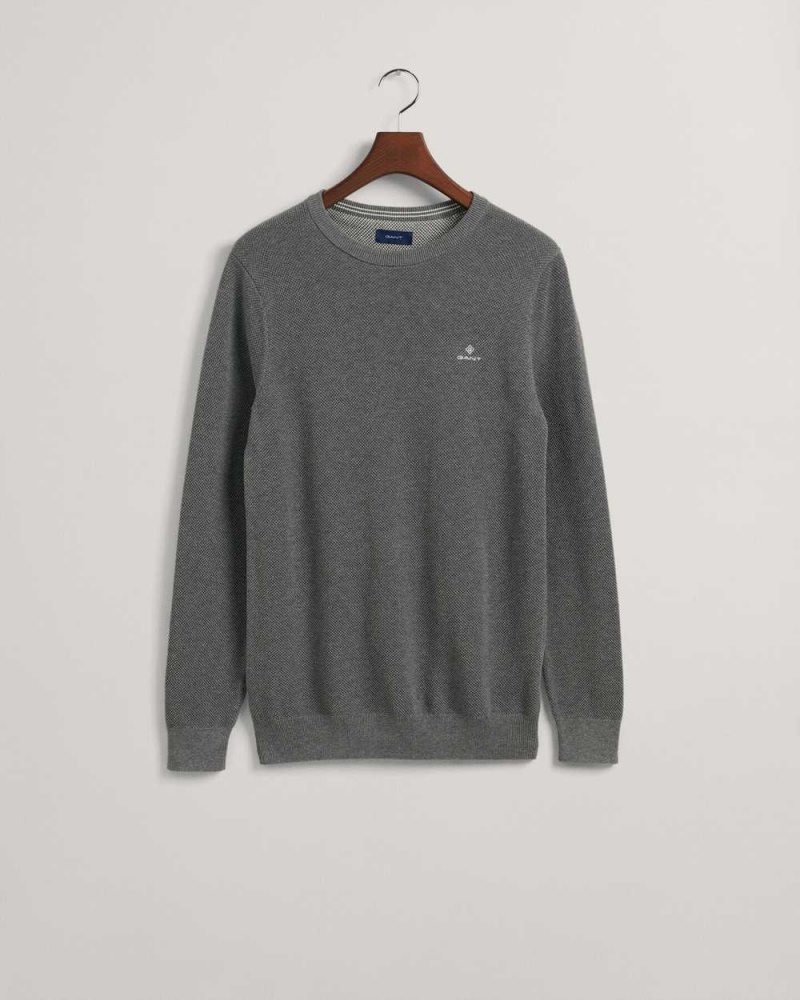 Gant Cotton Piqué Crew Neck Men's Sweater Dark Grey Melange | SKRBH-9183