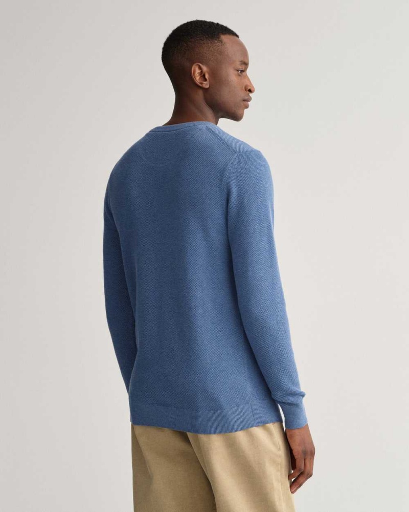 Gant Cotton Piqué Crew Neck Men's Sweater Denim Blue Melange | NFVHM-0154