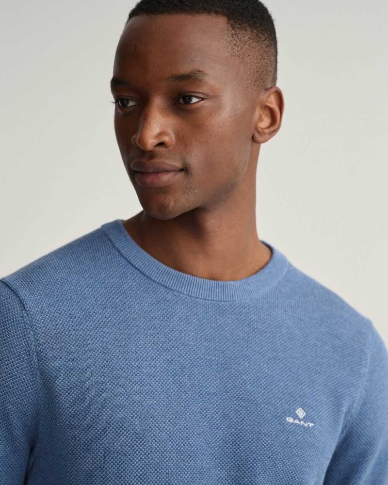 Gant Cotton Piqué Crew Neck Men's Sweater Denim Blue Melange | NFVHM-0154