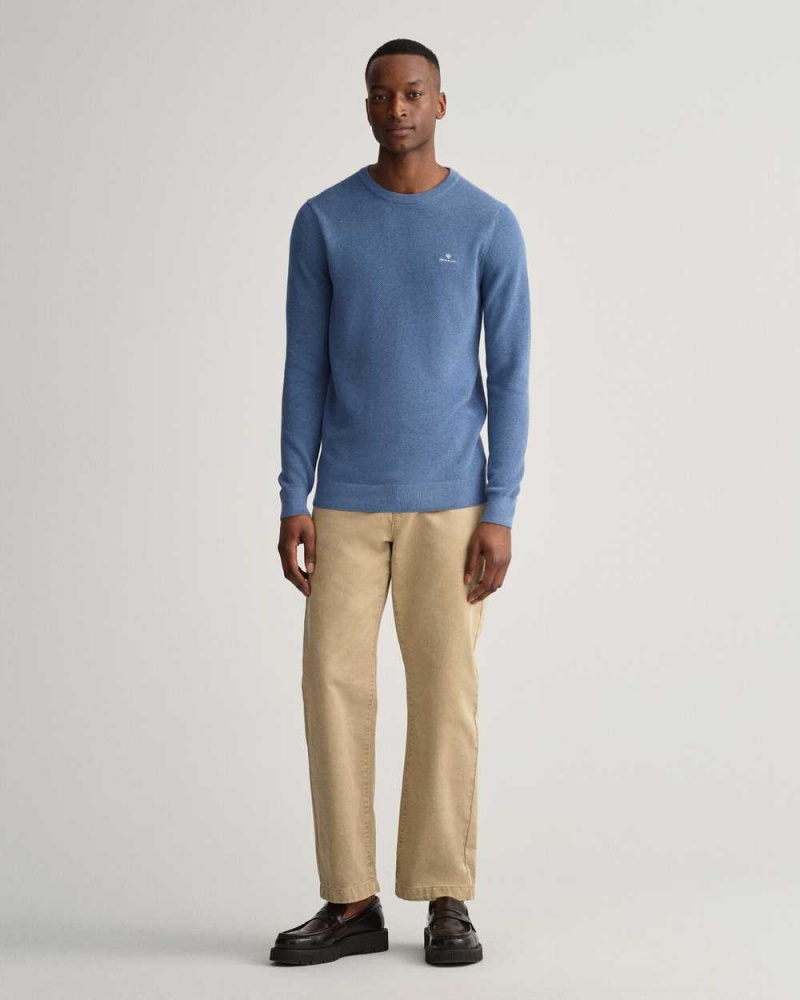 Gant Cotton Piqué Crew Neck Men's Sweater Denim Blue Melange | NFVHM-0154