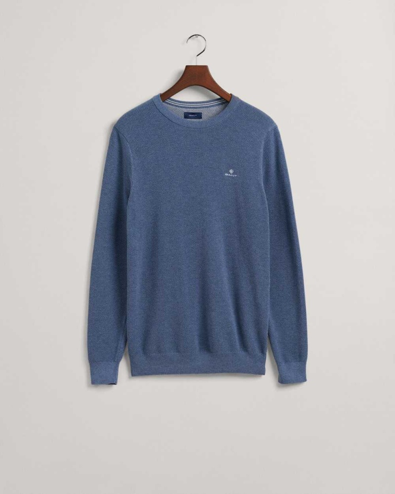 Gant Cotton Piqué Crew Neck Men's Sweater Denim Blue Melange | NFVHM-0154