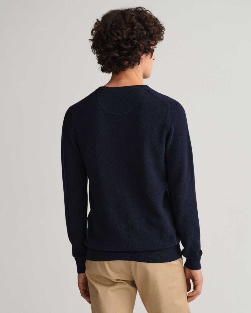 Gant Cotton Piqué Crew Neck Men's Sweater Evening Blue | ABNMF-6827