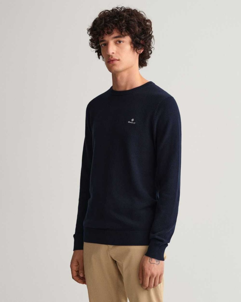 Gant Cotton Piqué Crew Neck Men's Sweater Evening Blue | ABNMF-6827