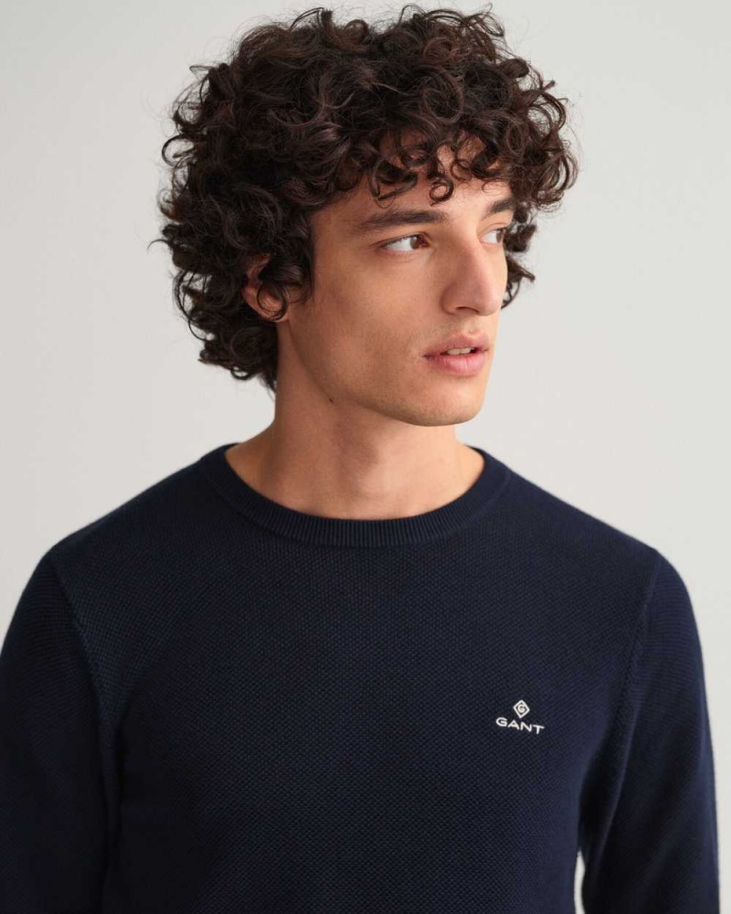 Gant Cotton Piqué Crew Neck Men's Sweater Evening Blue | ABNMF-6827