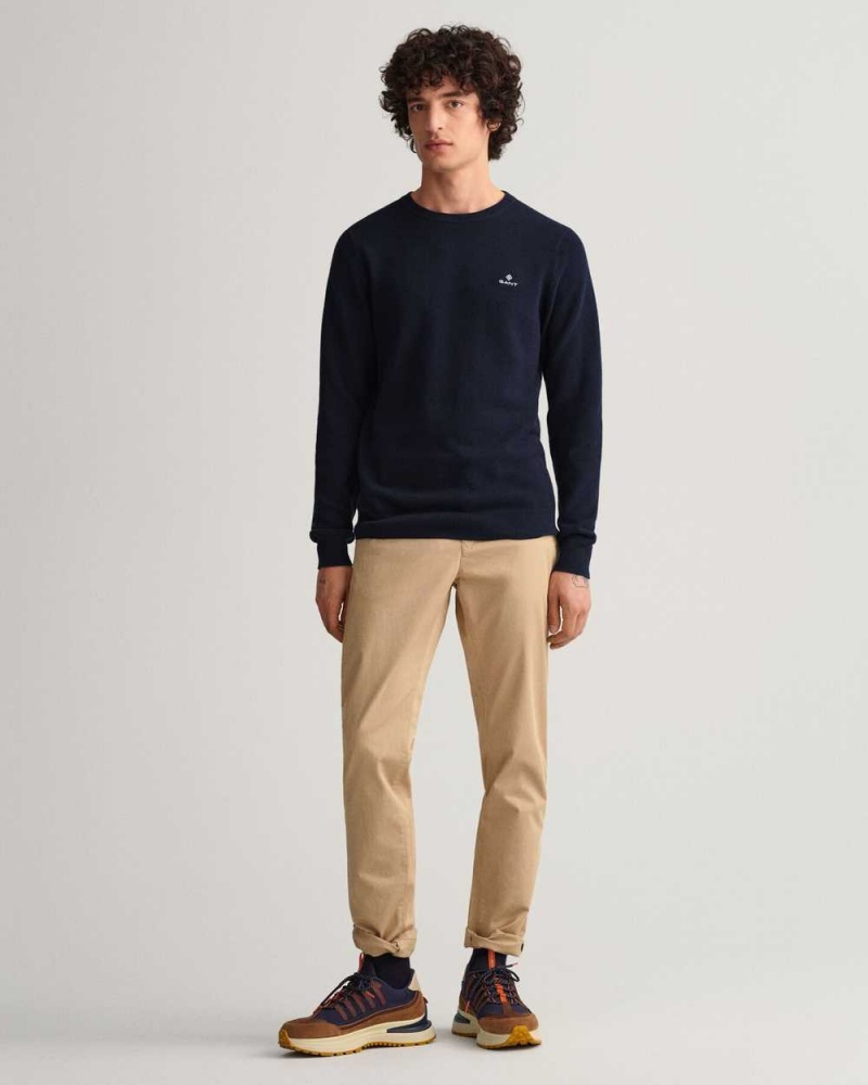 Gant Cotton Piqué Crew Neck Men's Sweater Evening Blue | ABNMF-6827