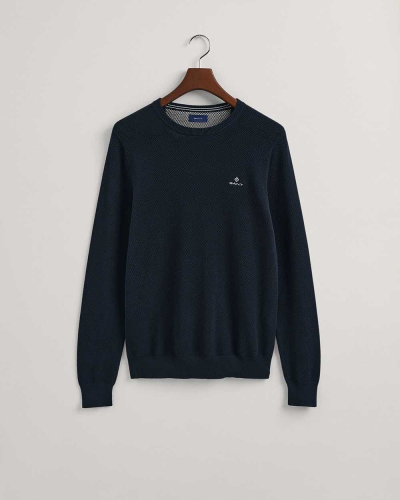 Gant Cotton Piqué Crew Neck Men's Sweater Evening Blue | ABNMF-6827