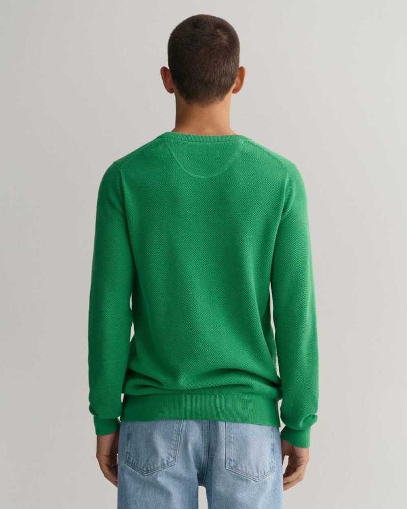 Gant Cotton Piqué Crew Neck Men's Sweater Mid Green | YXFOG-9213