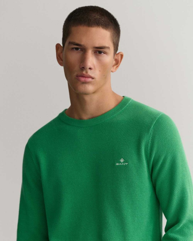 Gant Cotton Piqué Crew Neck Men's Sweater Mid Green | YXFOG-9213