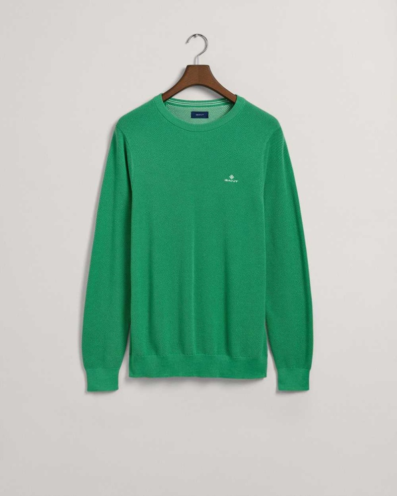 Gant Cotton Piqué Crew Neck Men's Sweater Mid Green | YXFOG-9213