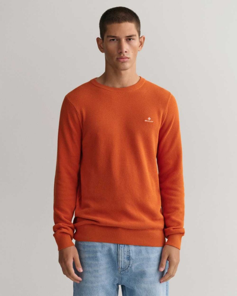 Gant Cotton Piqué Crew Neck Men\'s Sweater Pumpkin Orange | SADUP-8574