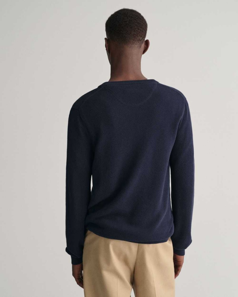 Gant Cotton Piqué Crew Neck Men's Sweater Evening Blue | CBMUL-0492