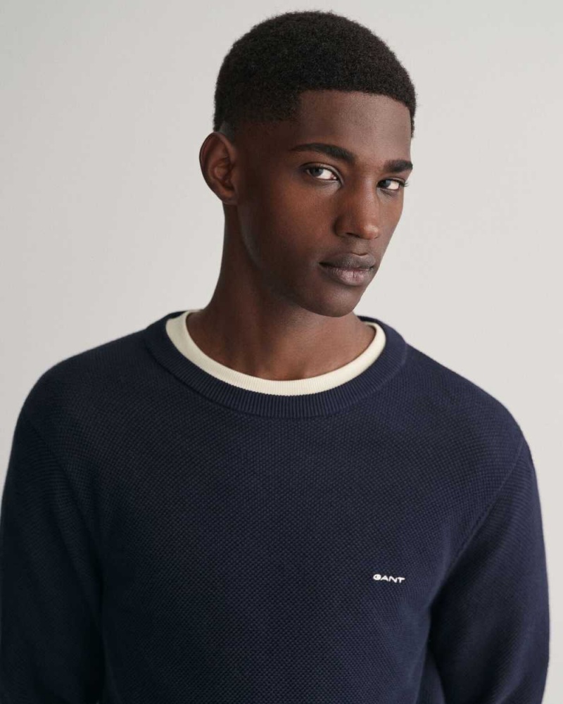 Gant Cotton Piqué Crew Neck Men's Sweater Evening Blue | CBMUL-0492