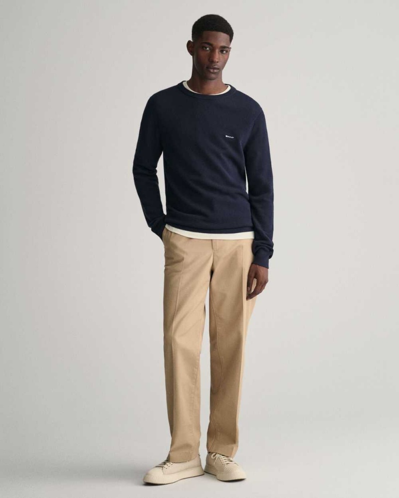 Gant Cotton Piqué Crew Neck Men's Sweater Evening Blue | CBMUL-0492