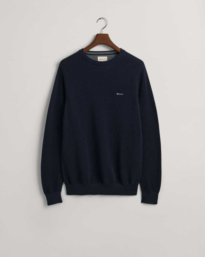 Gant Cotton Piqué Crew Neck Men's Sweater Evening Blue | CBMUL-0492