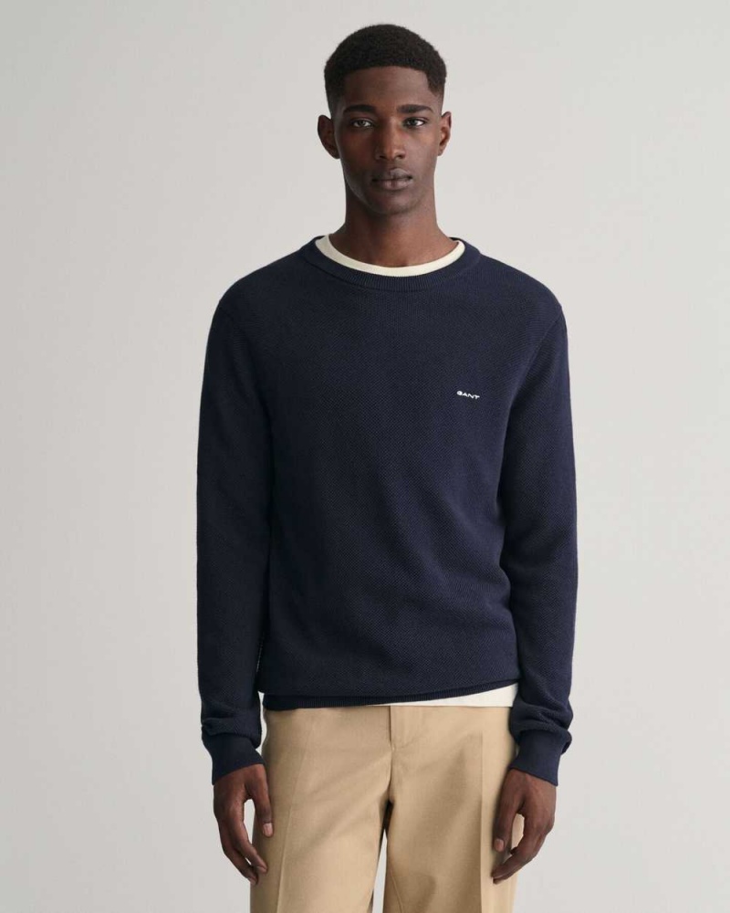 Gant Cotton Piqué Crew Neck Men\'s Sweater Evening Blue | CBMUL-0492