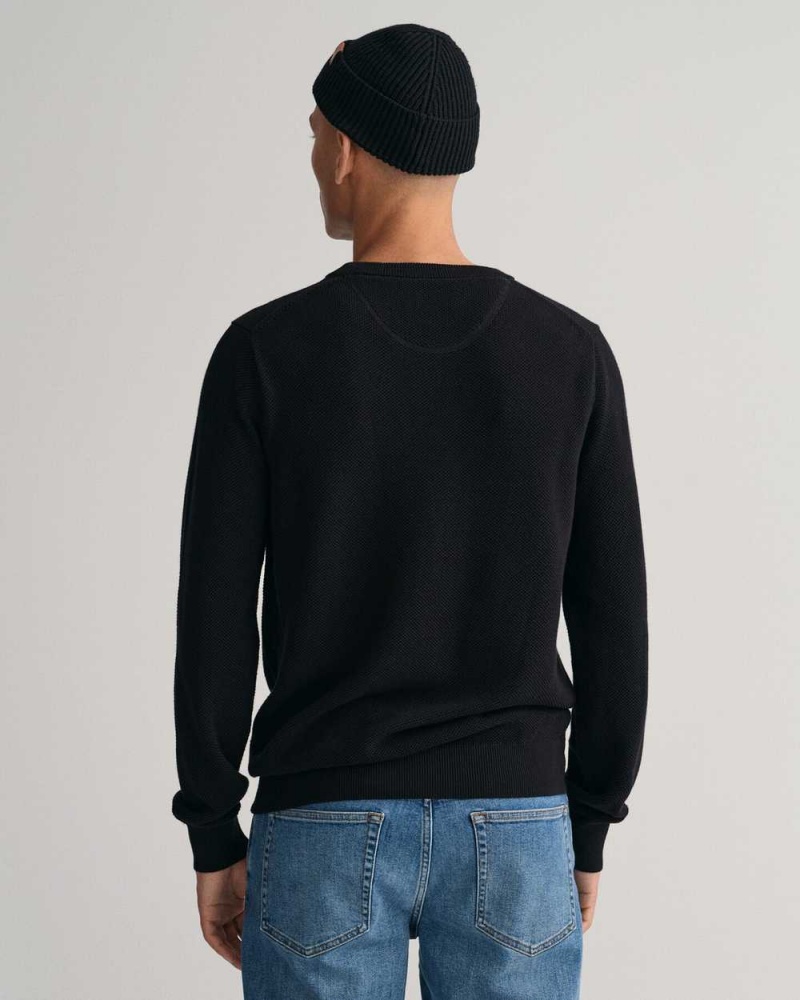 Gant Cotton Piqué Crew Neck Men's Sweater Black | WCBLP-5083