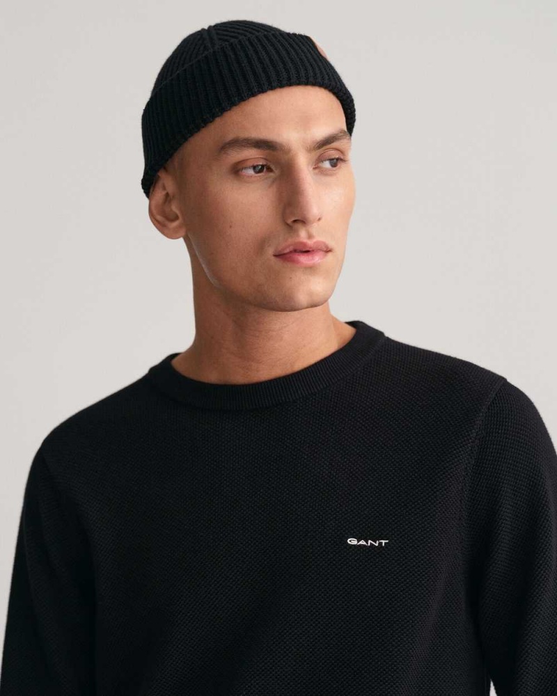 Gant Cotton Piqué Crew Neck Men's Sweater Black | WCBLP-5083