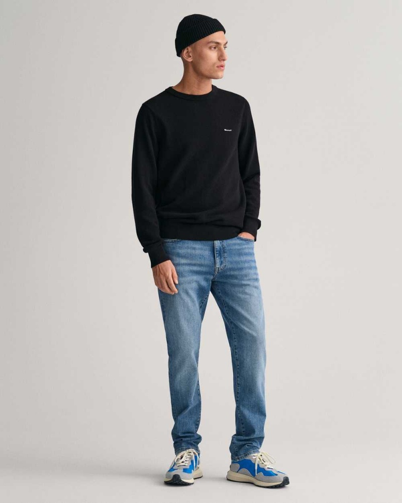 Gant Cotton Piqué Crew Neck Men's Sweater Black | WCBLP-5083