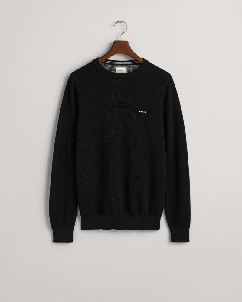 Gant Cotton Piqué Crew Neck Men's Sweater Black | WCBLP-5083