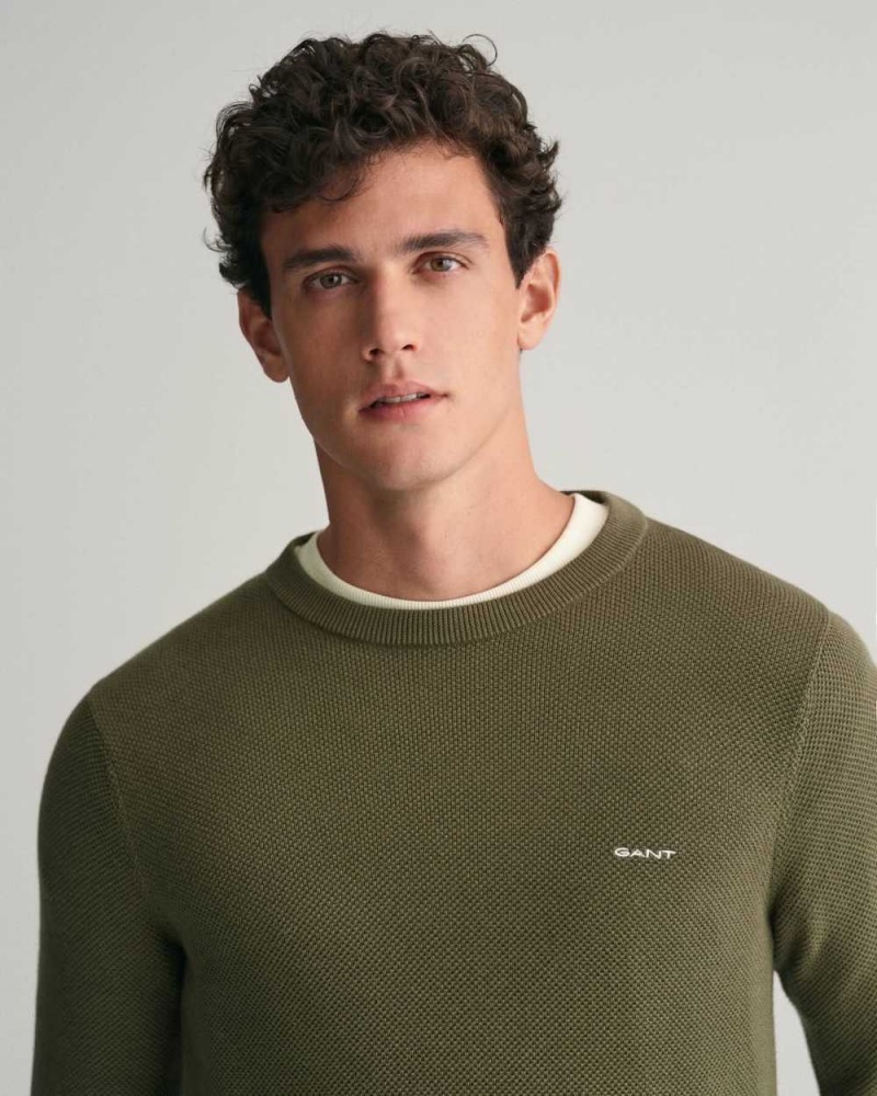 Gant Cotton Piqué Crew Neck Men's Sweater Racing Green | GVYHK-9530