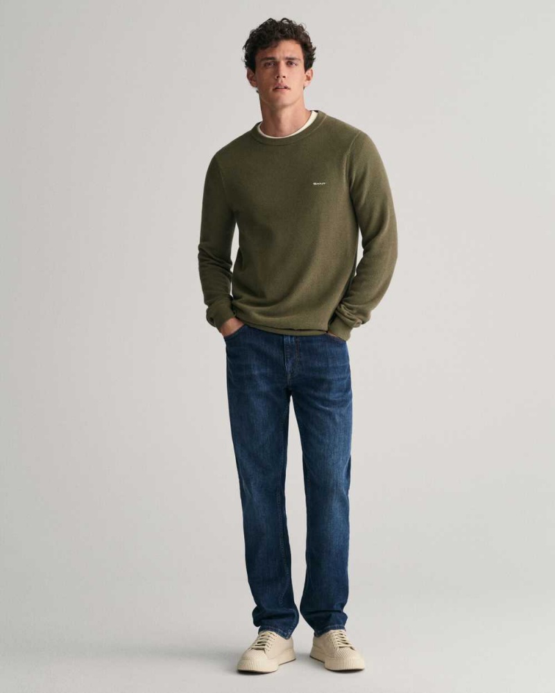 Gant Cotton Piqué Crew Neck Men's Sweater Racing Green | GVYHK-9530