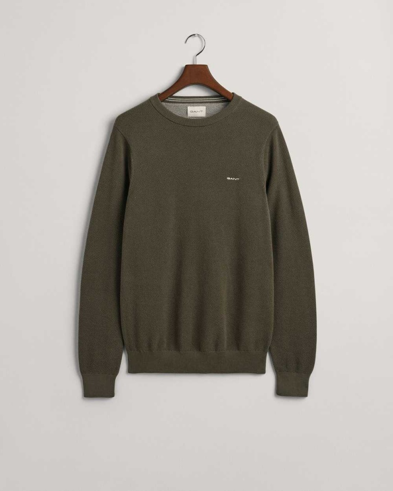 Gant Cotton Piqué Crew Neck Men's Sweater Racing Green | GVYHK-9530