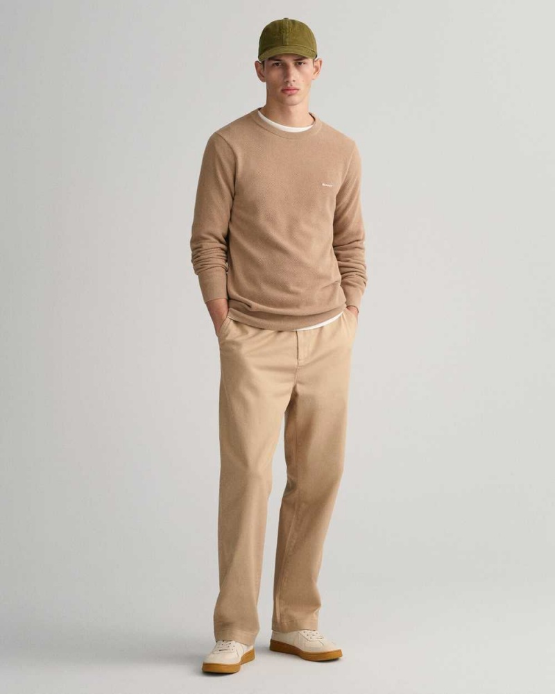 Gant Cotton Piqué Crew Neck Men's Sweater Dark Khaki | QMAHL-6912