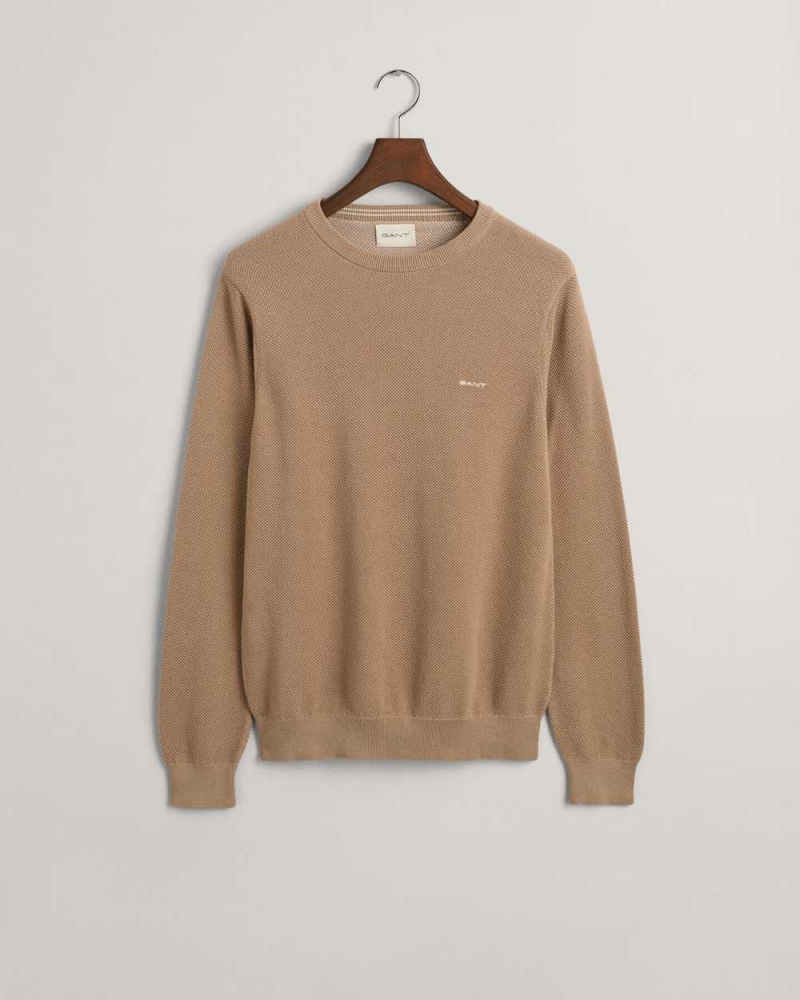 Gant Cotton Piqué Crew Neck Men's Sweater Dark Khaki | QMAHL-6912