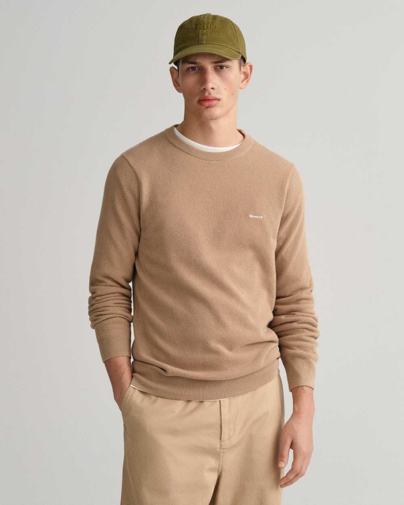 Gant Cotton Piqué Crew Neck Men\'s Sweater Dark Khaki | QMAHL-6912