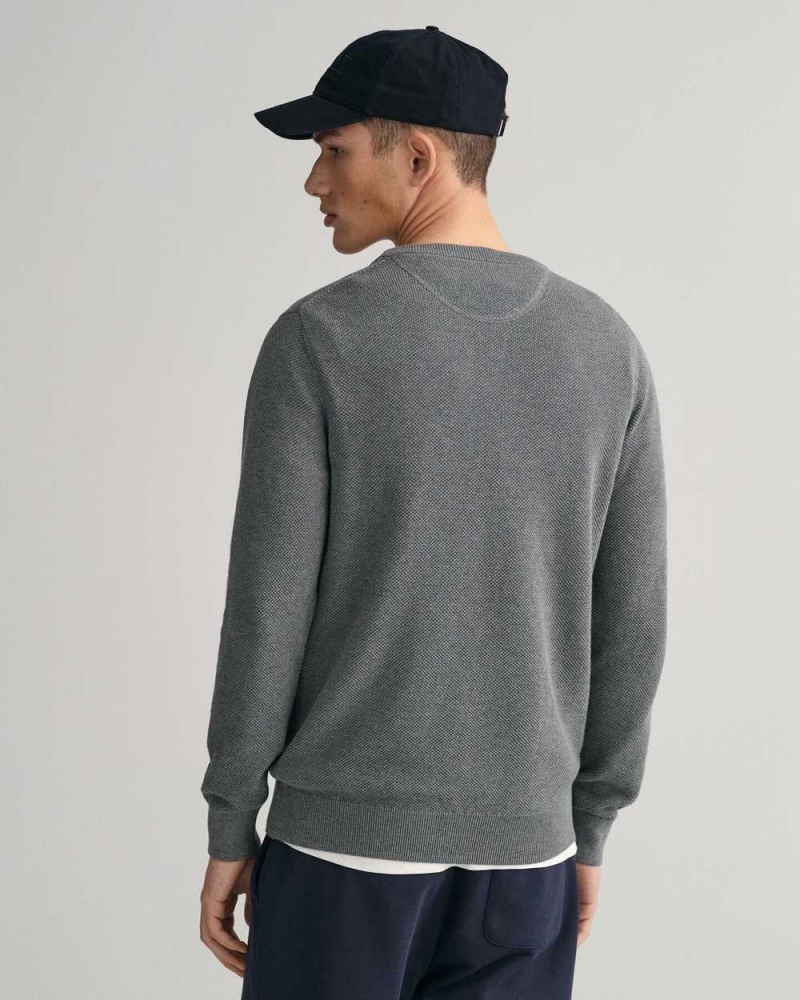 Gant Cotton Piqué Crew Neck Men's Sweater Dark Grey Melange | YIVDU-8965