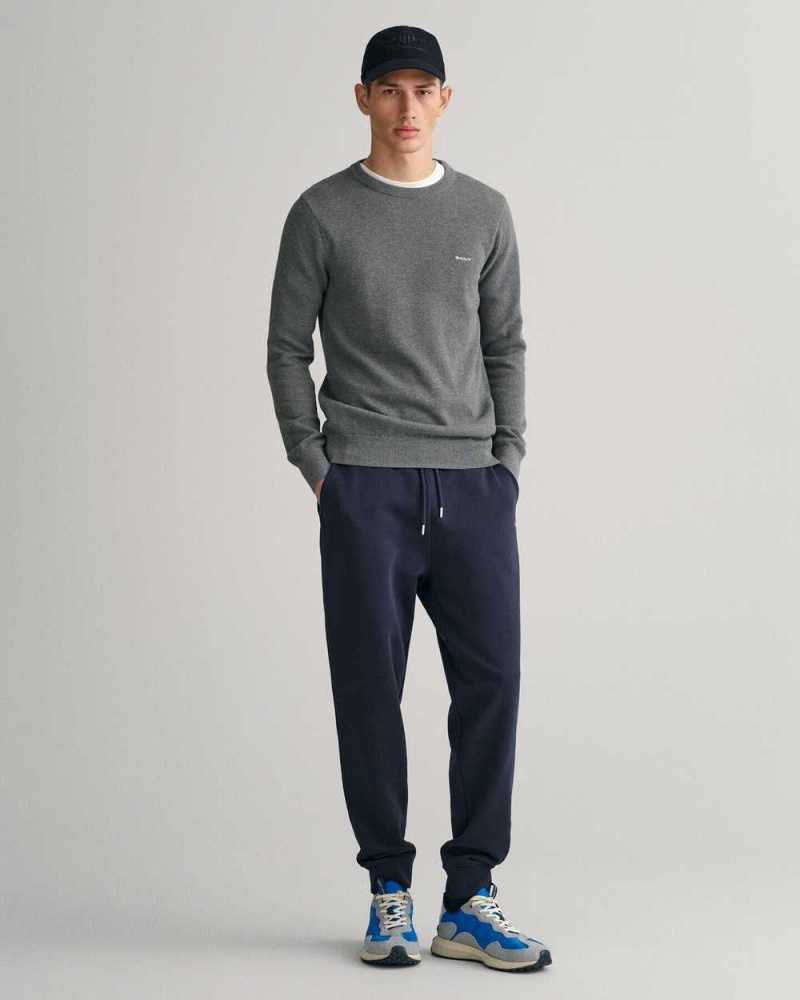 Gant Cotton Piqué Crew Neck Men's Sweater Dark Grey Melange | YIVDU-8965