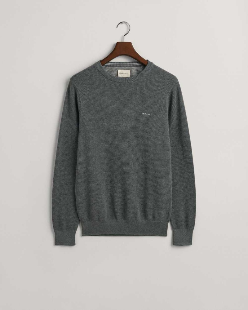 Gant Cotton Piqué Crew Neck Men's Sweater Dark Grey Melange | YIVDU-8965