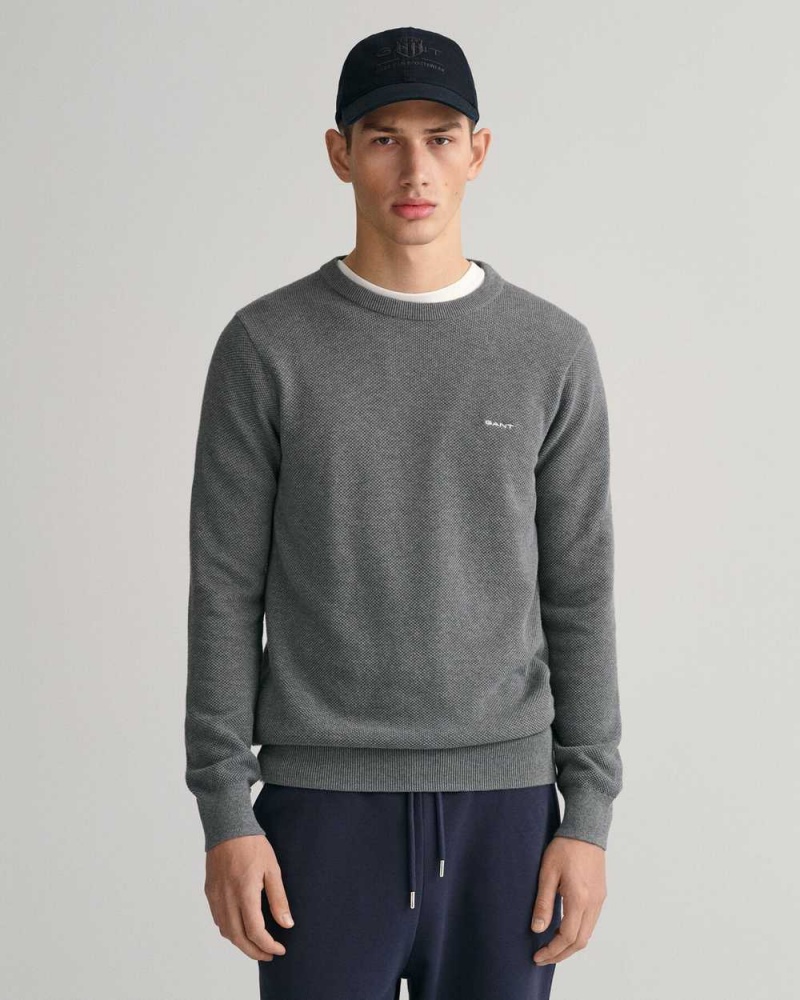 Gant Cotton Piqué Crew Neck Men\'s Sweater Dark Grey Melange | YIVDU-8965