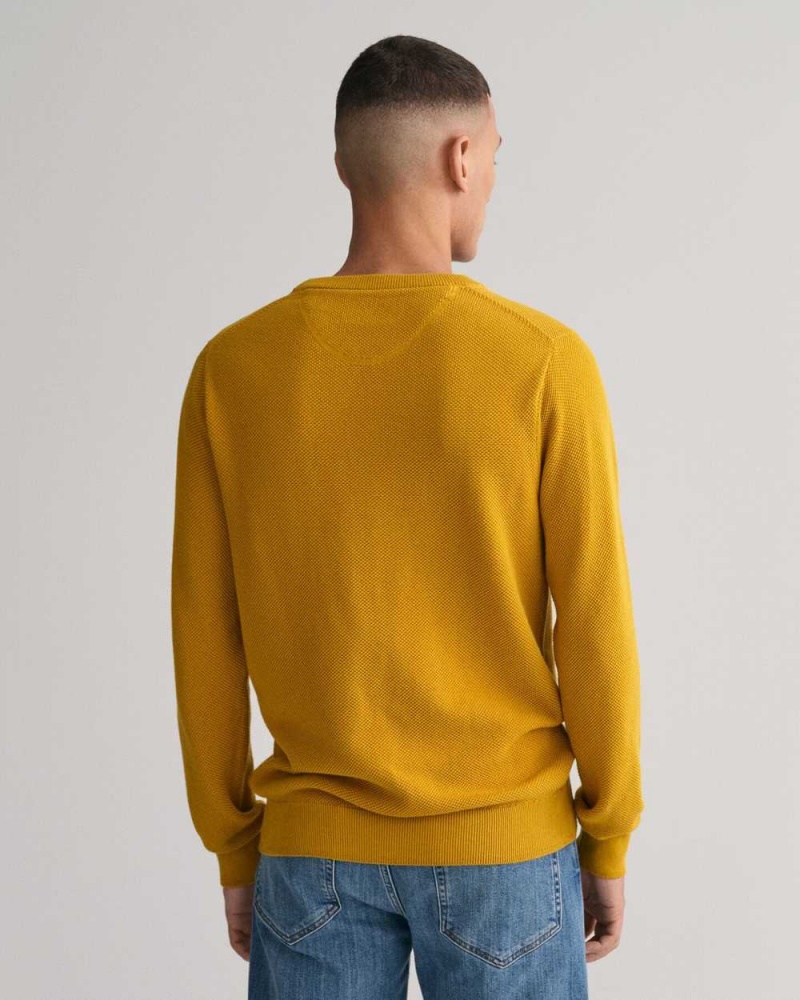 Gant Cotton Piqué Crew Neck Men's Sweater Dark Mustard Yellow | NQEWC-9836