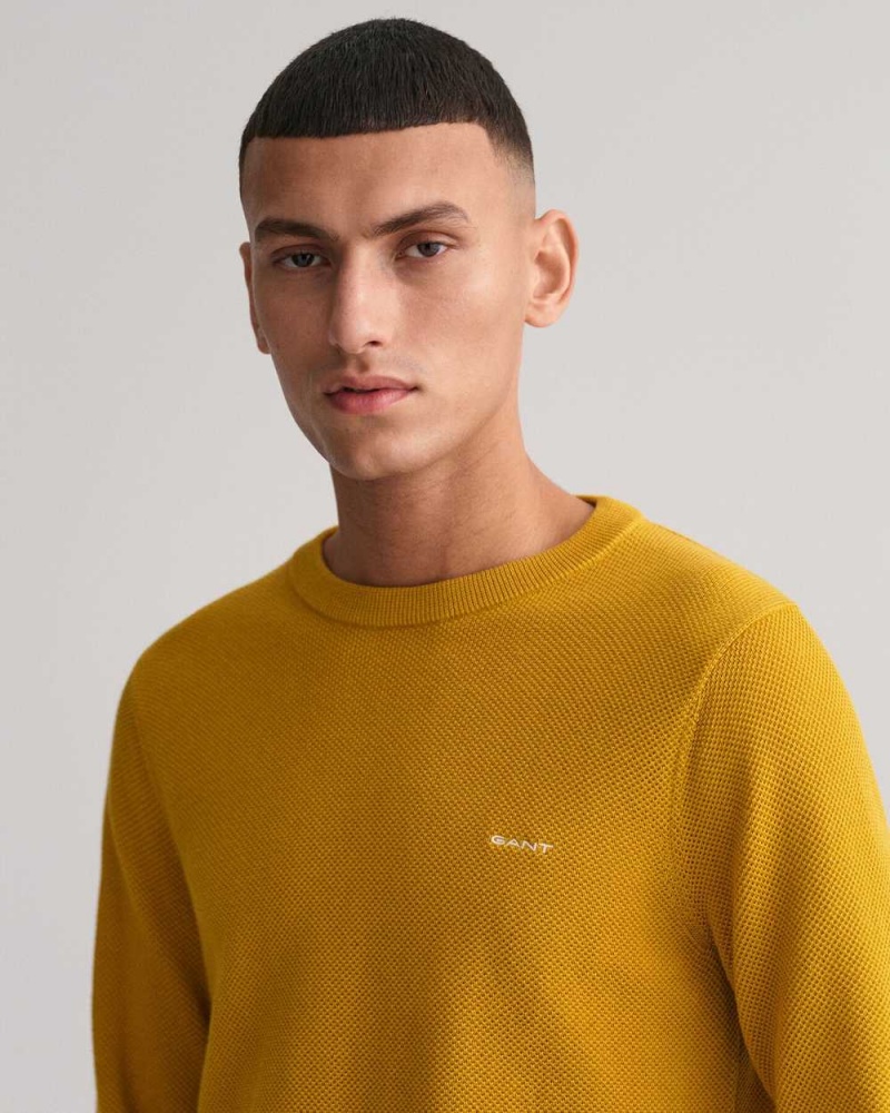 Gant Cotton Piqué Crew Neck Men's Sweater Dark Mustard Yellow | NQEWC-9836